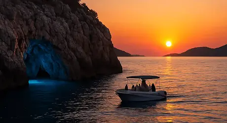 Blue Cave sunset tour Dubrovnik — golden hour cruise with prosecco and Adriatic views